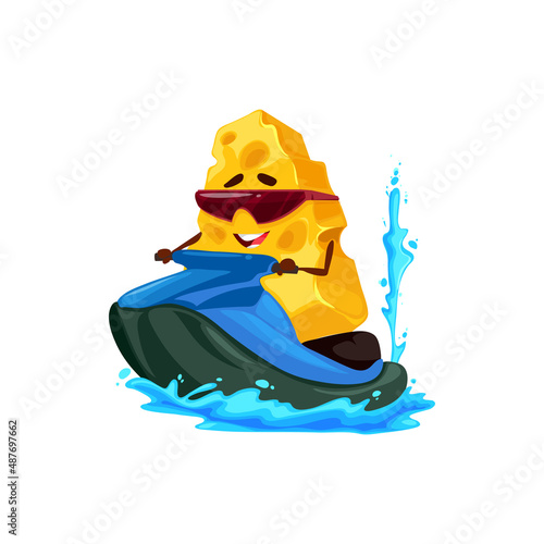 Cheese character on jet ski, milk food vector personage water sport and summer vacation activity. Cartoon funny cheddar or swiss cheese with sunglasses on water scooter jumping over sea waves