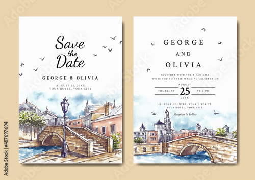 Wedding invitation of stone bridge and lamp post watercolor