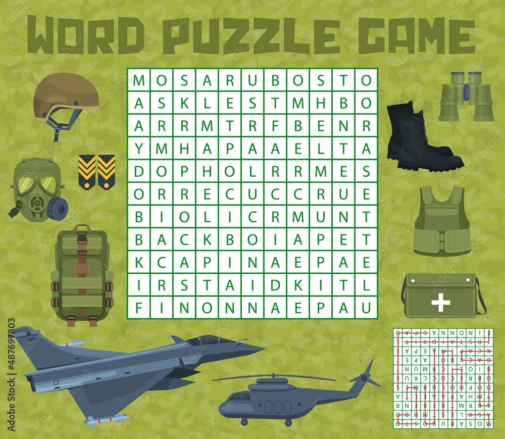 Army military ammunition and weapons on word search puzzle quiz game ...