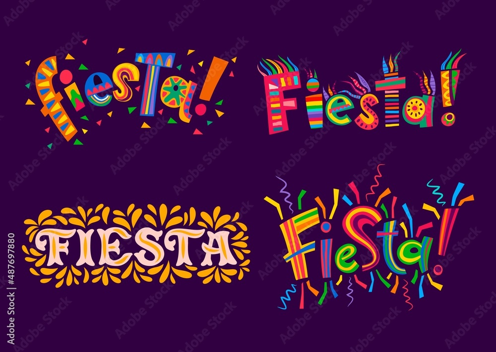 Fiesta party Mexican, Spanish and Latin holiday carnival. Vector bright color festive lettering with latino ornaments of ethnic geometric pattern and colorful leaves motif, confetti, gold foliage