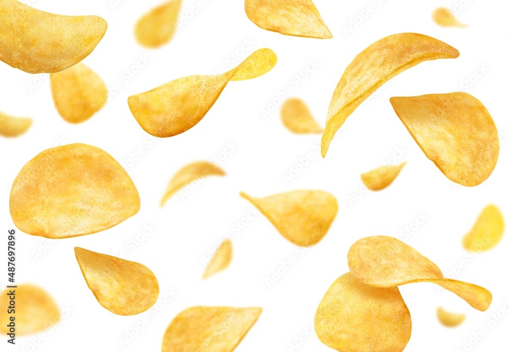 Flying and falling crispy wavy potato chips. Vector background with realistic ripple chips pieces, 3d crunchy snack. Delicious food, crisp meal promotion with yellow potato slices motion