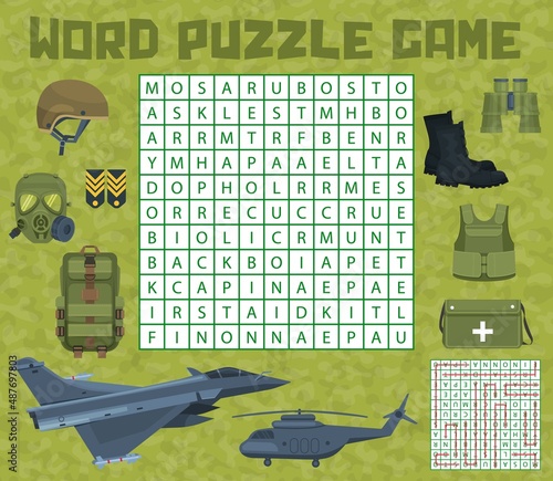 Army military ammunition and weapons on word search puzzle quiz game worksheet. Child quiz grid, educational puzzle or text game, kids playing activities book vector page with army soldier ammunition