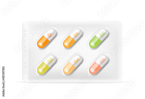 Capsule vitamin D serum with chemical formula. Beauty health care. Pills antibiotics isolated on white background. Healthcare medical pharmaceutical concepts. 3D Packaging for drugs pack. Vector.