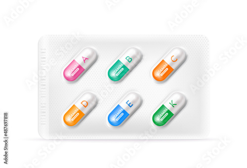 Capsule vitamin serum with chemical formula. Beauty health care. Pills antibiotics isolated on white background. Healthcare medical pharmaceutical concepts. 3D Packaging for drugs pack. Vector EPS10.