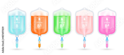 Serum collagen vitamin B inside saline bag. Injection of IV drip vitamin and minerals therapy for health and skin. Medical aesthetic concept. Saline bag set. On white background 3D vector EPS10.