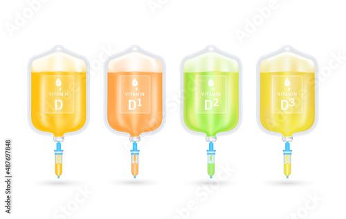 Serum collagen vitamin D inside saline bag. Injection of IV drip vitamin and minerals therapy for health and skin. Medical aesthetic concept. Saline bag set. On white background 3D vector EPS10.