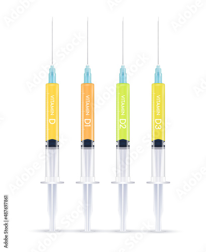 Serum collagen vitamin D in a syringe and saline, Injection of vitamin drip therapy for health and skin. Medical aesthetic concept. Syringe set. On white background 3D vector illustration.