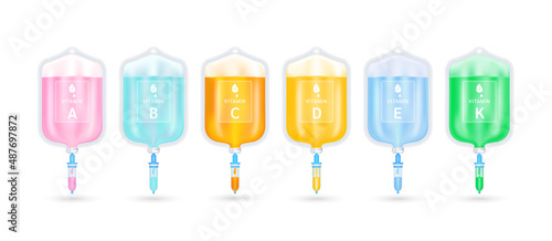 Serum collagen vitamin inside saline bag. Injection of IV drip vitamin and minerals therapy for health and skin. Medical aesthetic concept. Saline bag set. On white background 3D vector EPS10.