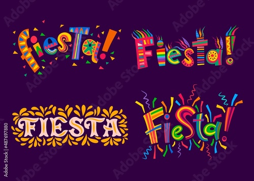 Fiesta party Mexican, Spanish and Latin holiday carnival. Vector bright color festive lettering with latino ornaments of ethnic geometric pattern and colorful leaves motif, confetti, gold foliage photo