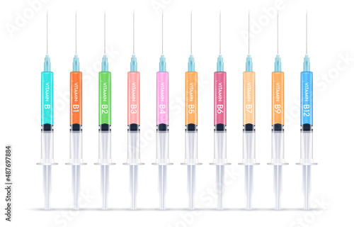 Serum collagen vitamin B in a syringe and saline, Injection of vitamin drip therapy for health and skin. Medical aesthetic concept. Syringe set. On white background 3D vector illustration.