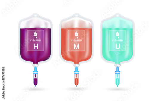 Serum collagen vitamin inside saline bag. Injection of IV drip vitamin and minerals therapy for health and skin. Medical aesthetic concept. Saline bag set. On white background 3D vector EPS10. photo