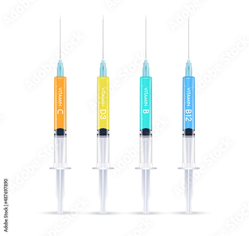 Serum collagen vitamin in a syringe and saline, Injection of vitamin drip therapy for health and skin. Medical aesthetic concept. Syringe set. On white background 3D vector illustration.