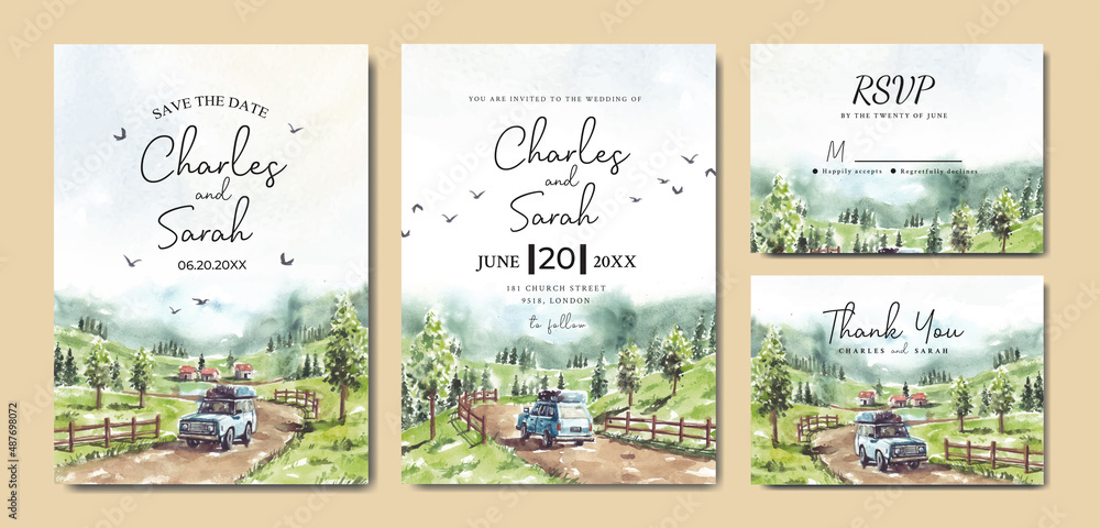 Wedding invitation set of nature landscape with road trip watercolor