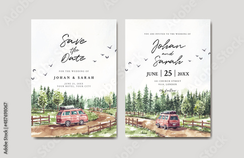 Wedding invitation set of road trip watercolor