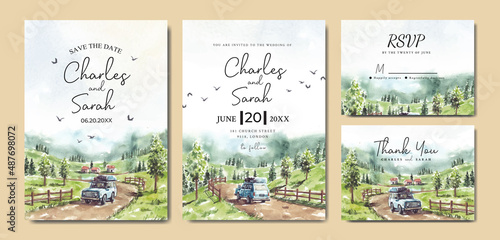 Wedding invitation set of nature landscape with road trip watercolor