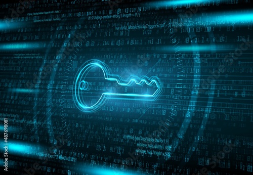 Cyber security, computer data encryption and internet protection background with stream of binary data, code and digital key. Personal information safety, digital data secure access with password key