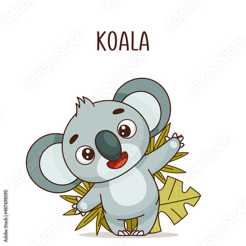 Cheerful koala stands and waves near the leaves and bushes. Vector illustration for designs, prints and patterns. Isolated on white background