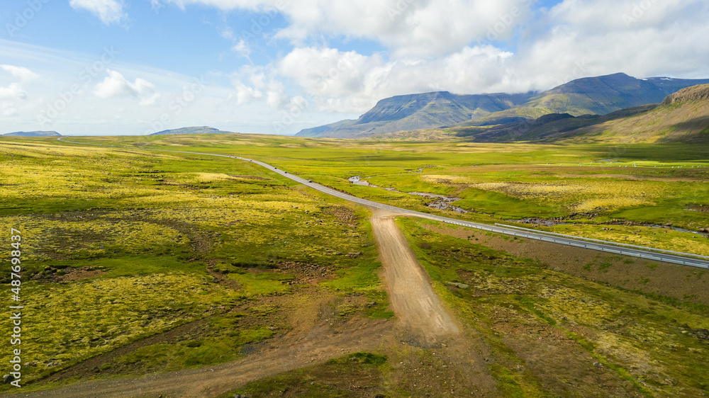 Aerial view of landscape on the road in Iceland