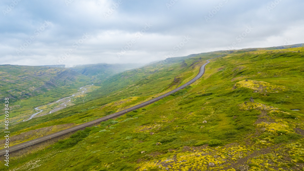 Summertime Aerial view of landscape on the road in Iceland, west fjords in Iceland