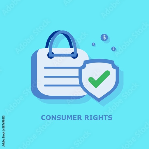 Shopping bag with protection badge icon. Protected consumers concept vector illustration