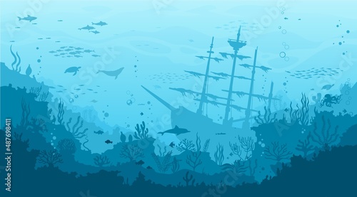 Ocean underwater landscape with sunken sailing ship, seaweed and reef. Deep sea world, seabed landscape vector background with undersea life. Seafloor aquatic scene with pirate caravel silhouette photo