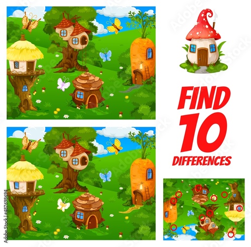 Find ten differences in cartoon fairy gnome village kids quiz worksheet. Kindergarten child educational playing activity, kids quiz or riddle vector page with similarity and difference finding task