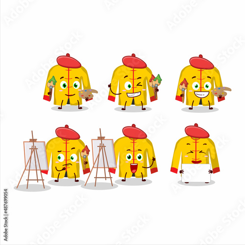 Artistic Artist of yellow chinese traditional costume cartoon character painting with a brush