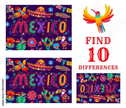 Find differences game worksheet with mexican birds, flowers and national ornament, text. Children logical riddle with find differences task, kids game test vector worksheet with mexico culture symbols photo