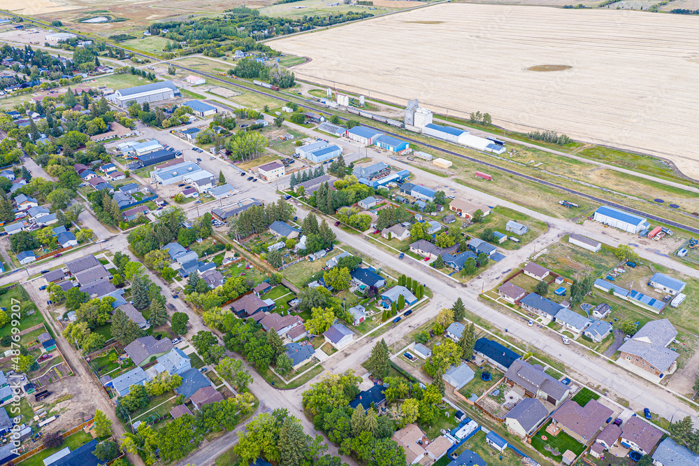 Aerial drone view of the town of Langham in Saskatchewan, Canada