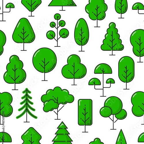 Forest  garden and park green trees vector seamless pattern. Outline plants background with oak  maple  elm and chestnut  birch  ash and spruce  nature backdrop with coniferous and deciduous trees