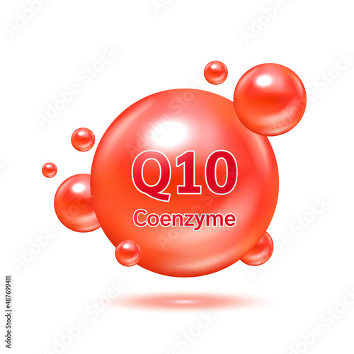 Electron for vitamin coenzyme Q10 and minerals complex. Glossy vitamins pills capsules. Pill, Healthy food supplement. Medical scientific and healthcare concept. Isolated on white background 3D Vector