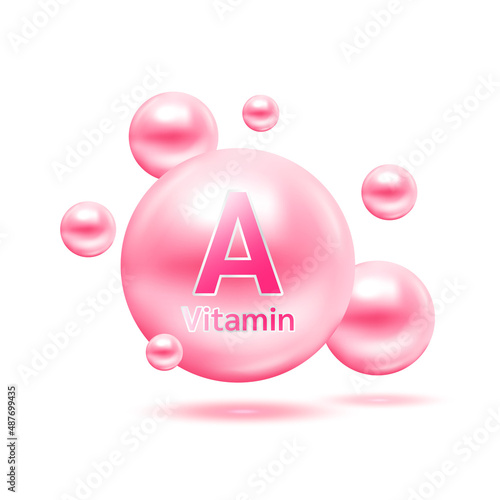 Pink electron for vitamin A and minerals complex. Glossy vitamins pills capsules. Pill, Healthy food supplement. Medical scientific and healthcare concept. Isolated on white background 3D Vector EPS10