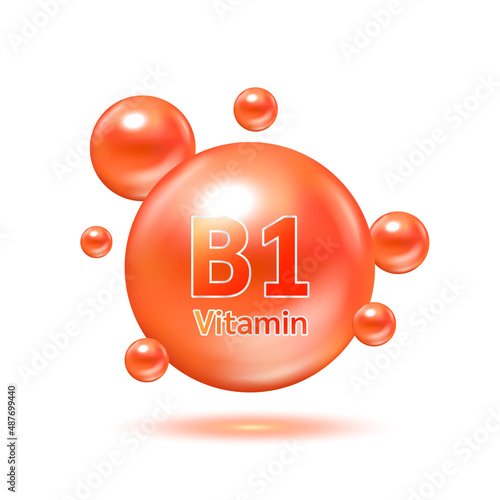 Orange electron for vitamin B1 and minerals complex. Glossy vitamins pills capsules. Pill, Healthy food supplement. Medical scientific and healthcare concept. Isolated on white background 3D Vector.