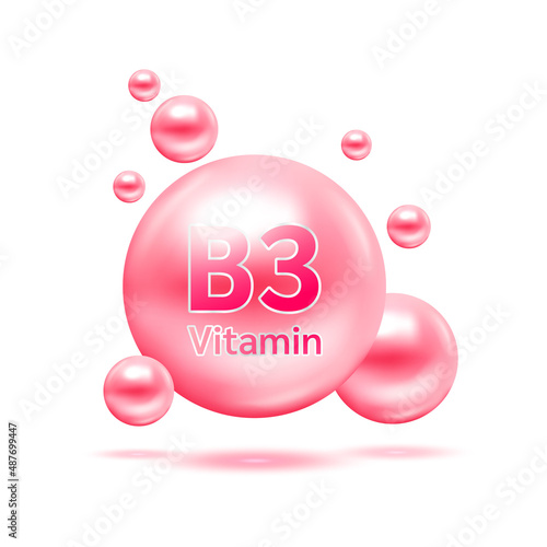 Pink electron for vitamin B3 and minerals complex. Glossy vitamins pills capsules. Pill, Healthy food supplement. Medical scientific and healthcare concept. Isolated on white background 3D Vector.