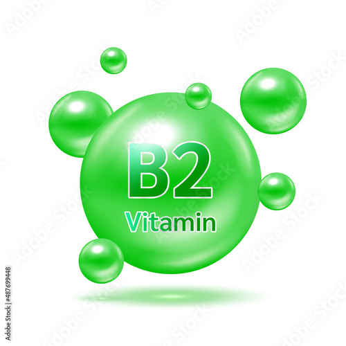 Green electron for vitamin B2 and minerals complex. Glossy vitamins pills capsules. Pill, Healthy food supplement. Medical scientific and healthcare concept. Isolated on white background 3D Vector.