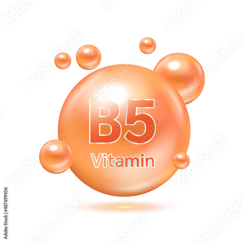 Orange electron for vitamin B5 and minerals complex. Glossy vitamins pills capsules. Pill, Healthy food supplement. Medical scientific and healthcare concept. Isolated on white background 3D Vector.