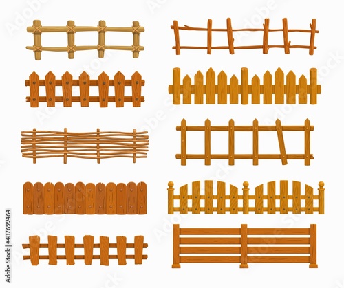 Fotografering Cartoon wooden fence vector set, garden or farm palisade, gates or balustrade with pickets