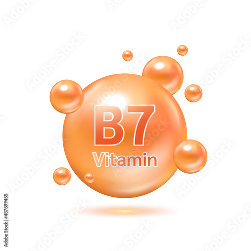 Orange electron for vitamin B7 and minerals complex. Glossy vitamins pills capsules. Pill, Healthy food supplement. Medical scientific and healthcare concept. Isolated on white background 3D Vector.