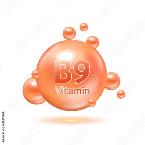 Orange electron for vitamin B9 and minerals complex. Glossy vitamins pills capsules. Pill, Healthy food supplement. Medical scientific and healthcare concept. Isolated on white background 3D Vector.