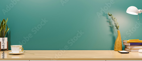 Wallpaper Mural Home office workspace with office supplies and copy space on wooden table Torontodigital.ca