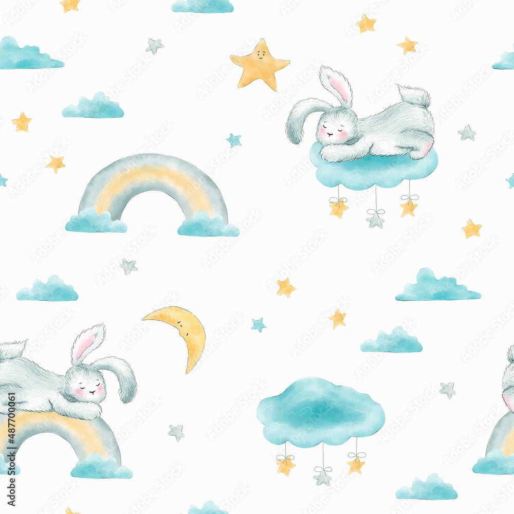 Seamless pattern with sleeping baby bunny rabbit and clouds, rainbows, stars. Illustration.