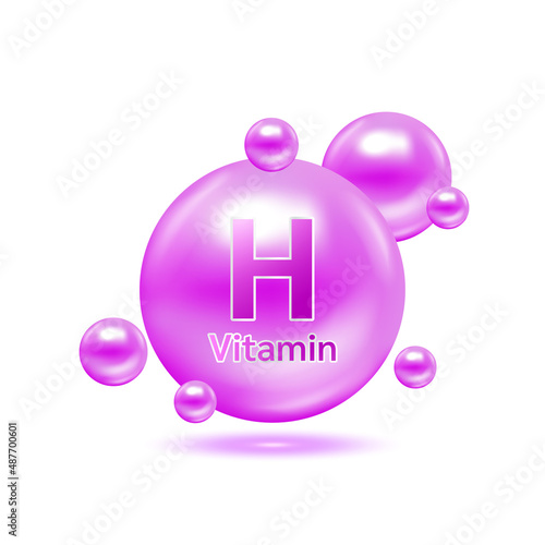 Purple electron for vitamin H and minerals complex. Glossy vitamins pills capsules. Pill, Healthy food supplement. Medical scientific and healthcare concept. Isolated on white background 3D Vector.