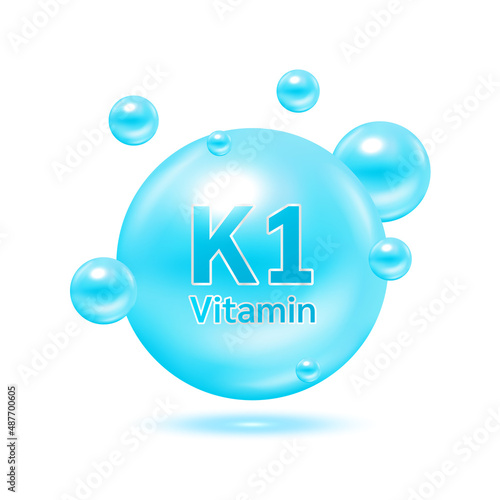 Blue electron for vitamin K1 and minerals complex. Glossy vitamins pills capsules. Pill, Healthy food supplement. Medical scientific and healthcare concept. Isolated on white background 3D Vector.