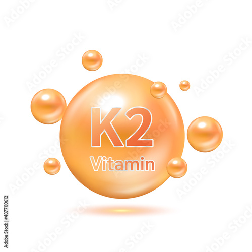 Orange electron for vitamin K2 and minerals complex. Glossy vitamins pills capsules. Pill, Healthy food supplement. Medical scientific and healthcare concept. Isolated on white background 3D Vector.