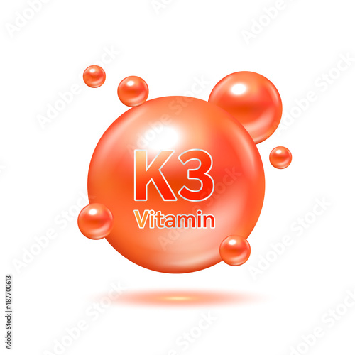 Red electron for vitamin K3 and minerals complex. Glossy vitamins pills capsules. Pill, Healthy food supplement. Medical scientific and healthcare concept. Isolated on white background 3D Vector.