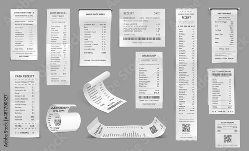 Shop receipt, cash paper bill, purchase invoice. Vector supermarket shopping retail sum check and total cost store sale payment, 3d isolated filled cheque blanks with qr and bar codes, realistic set photo