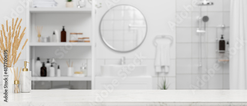 Obraz na płótnie A copy space on white marble bathroom tabletop. 3d rendering