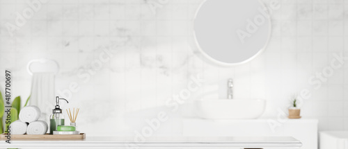 Obraz na plátně Modern white bathroom tabletop with copy space and a set of bathroom product