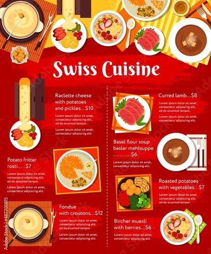Swiss cuisine menu food dishes, lunch and dinner meals, vector. Swiss cuisine restaurant food raclette cheese with potatoes and pickles, fondue with croutons, cured lamb and basler mehlsuppe