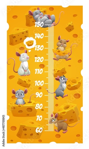 Height chart, kids growth measure ruler with cartoon mouses and rats with cheese. Child height chart, vector growth meter with funny mice rodents. Kindergarten children height measure scale